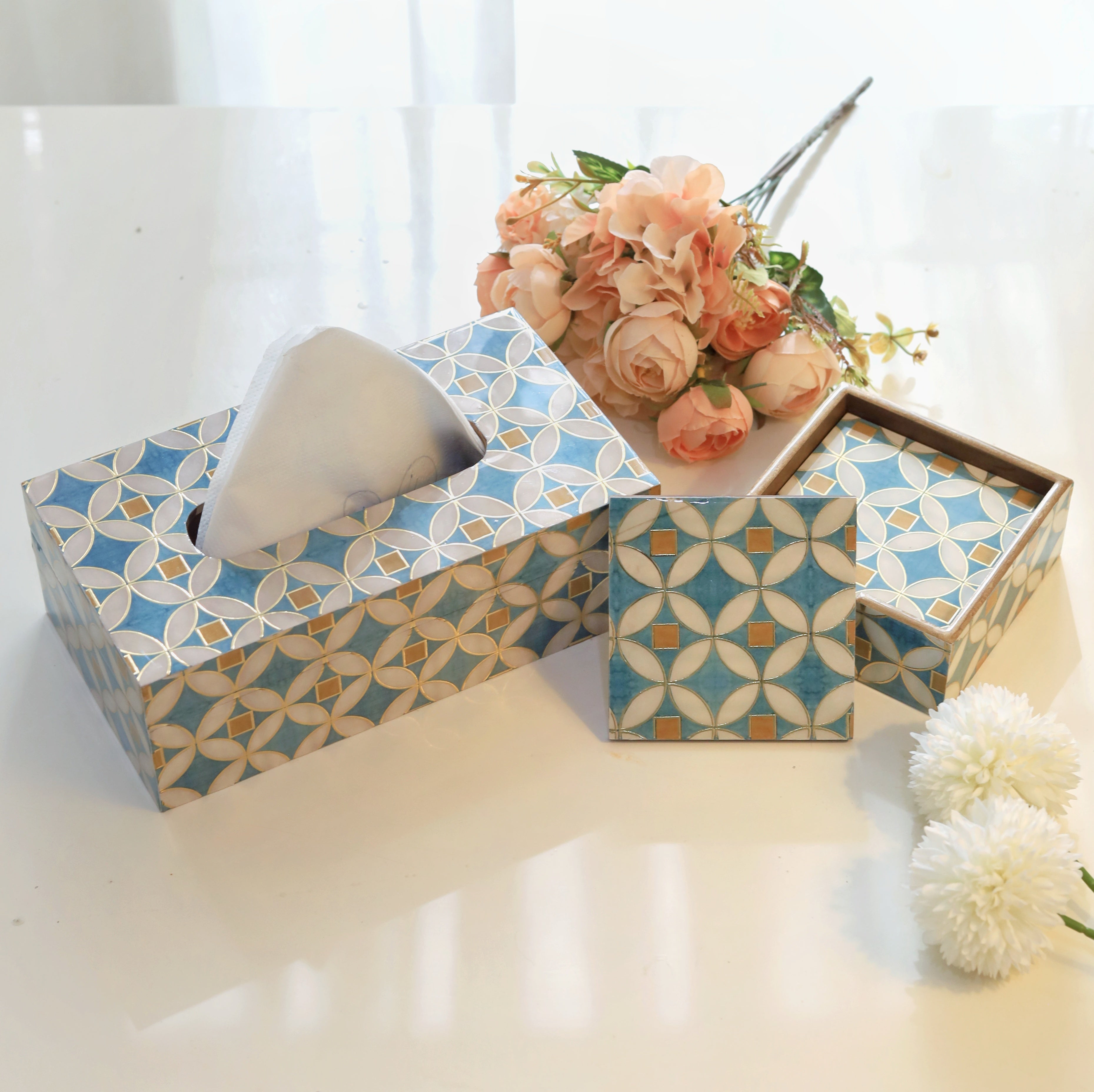 Elegant coaster with matching tissue box for decor
