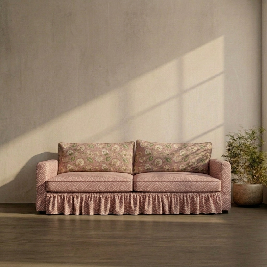 Patterned sofa in a room with a textured wall and plant