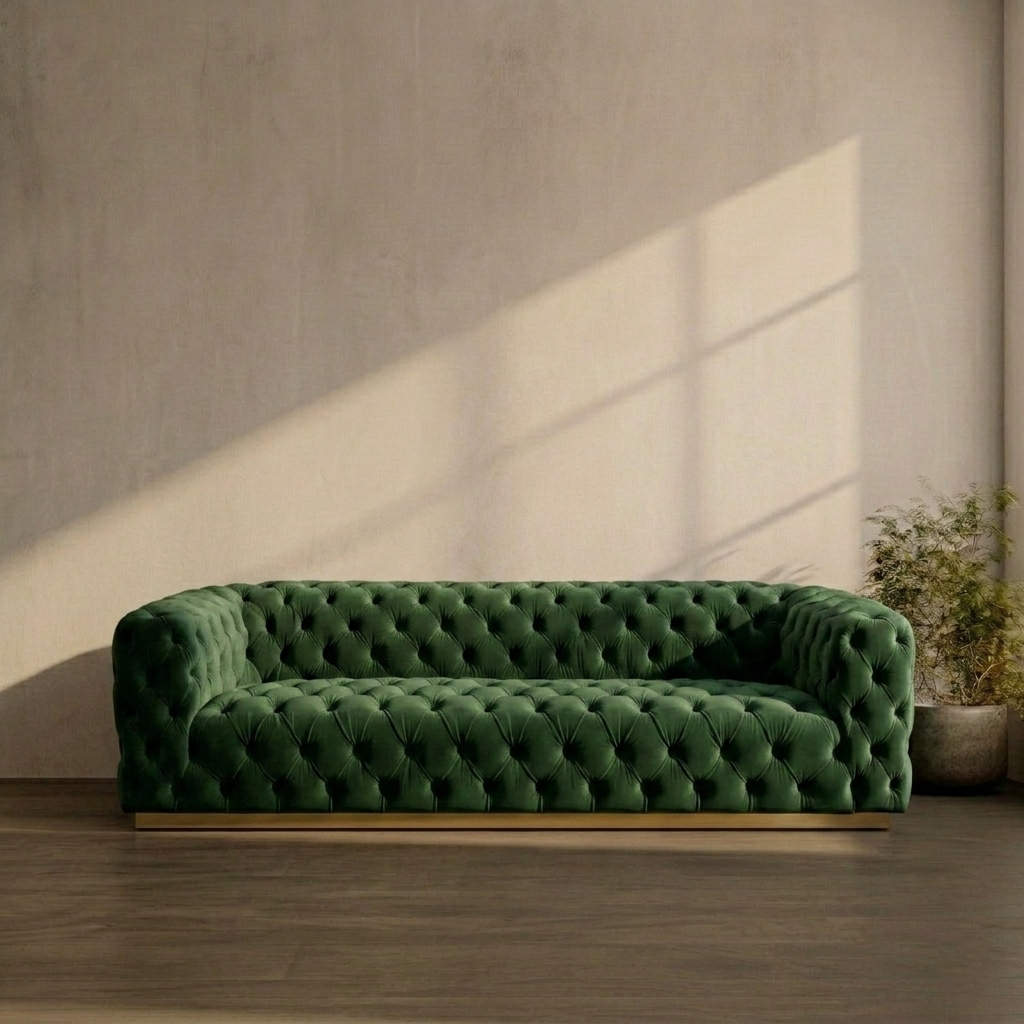 Kensington Chesterfield tufted sofa in emerald green premium velvet by CasaGold
