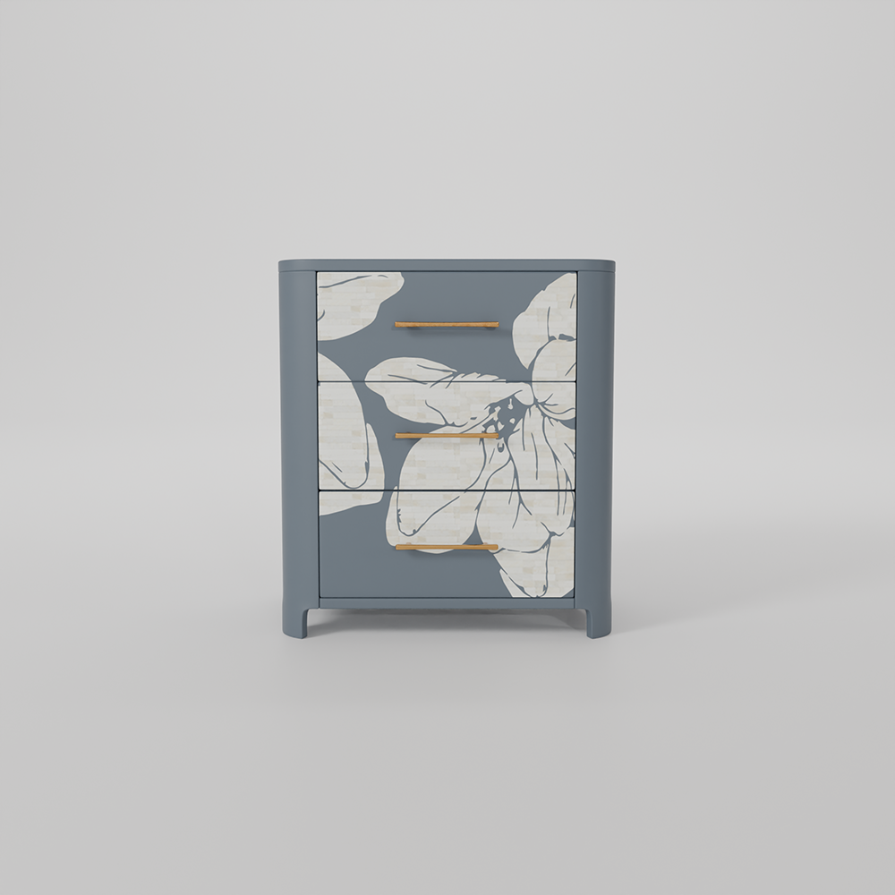 Add understated luxury to your bedroom with this grey bone inlay bedside table featuring delicate floral detailing and three practical drawers.