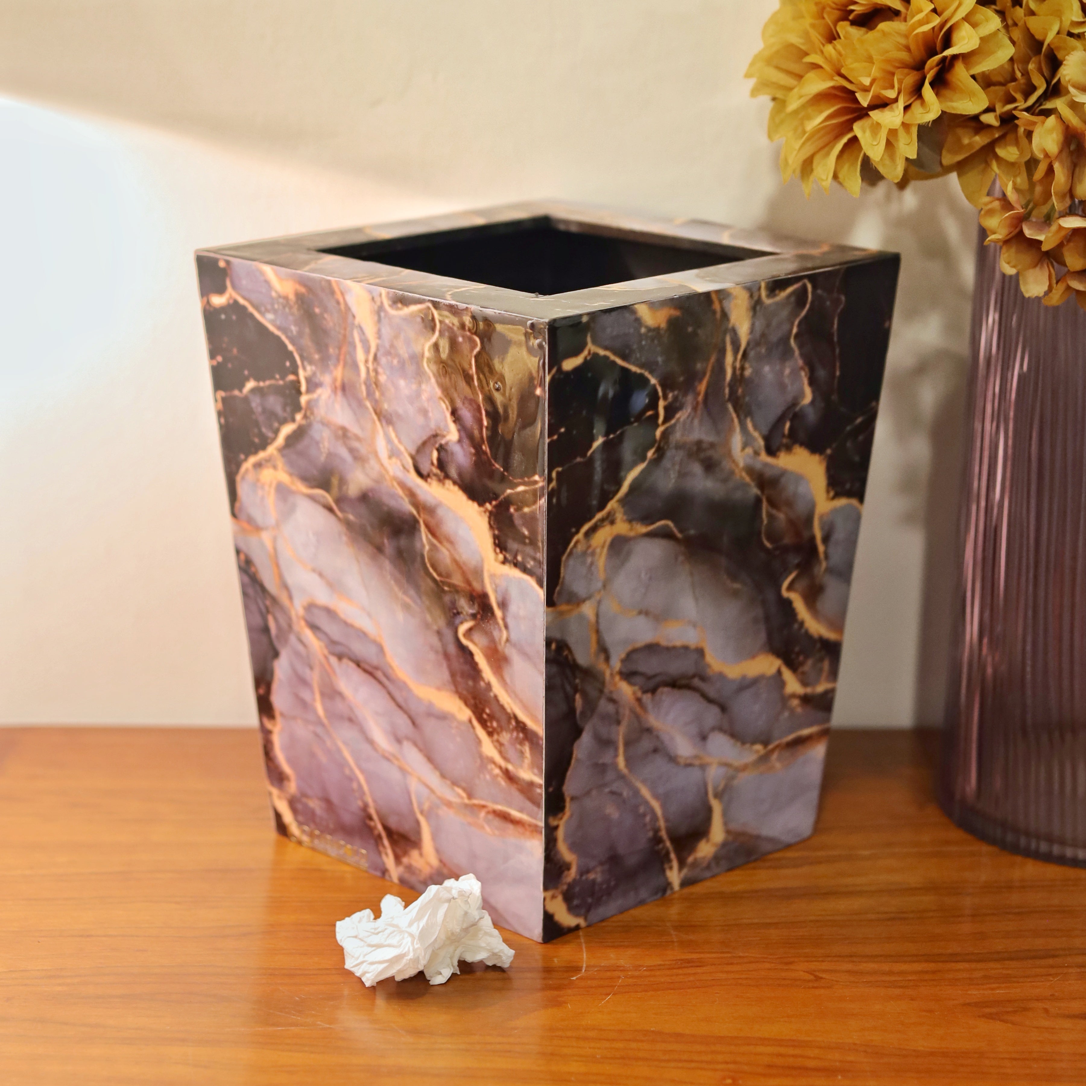 Matte black Marble dustbin with a modern design