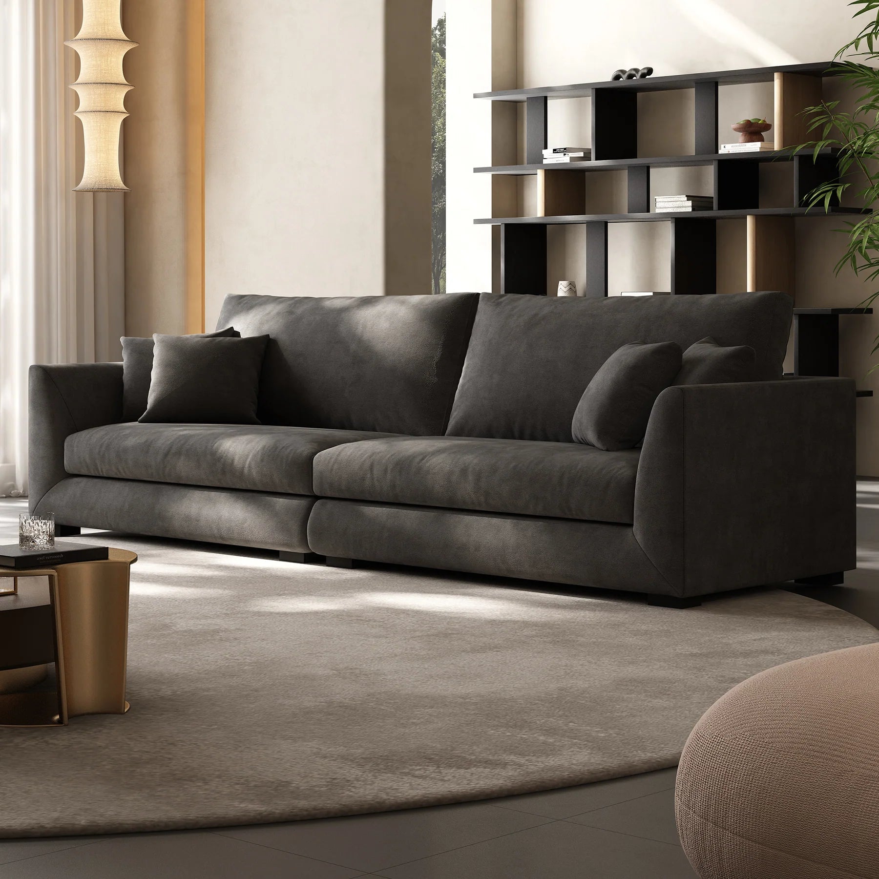 Luxury charcoal fabric sofa with matching throw pillows, three-seater, customizable size.