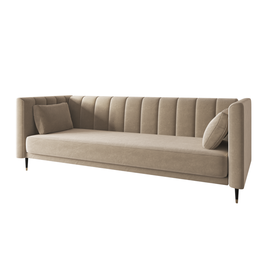 Luxury 3-seater sofa in warm neutral fabric with vertical channel tufting, ideal for modern living rooms.