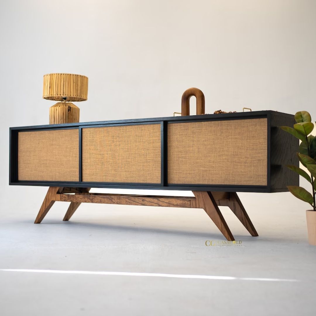 Modern black and cane sideboard with wooden legs