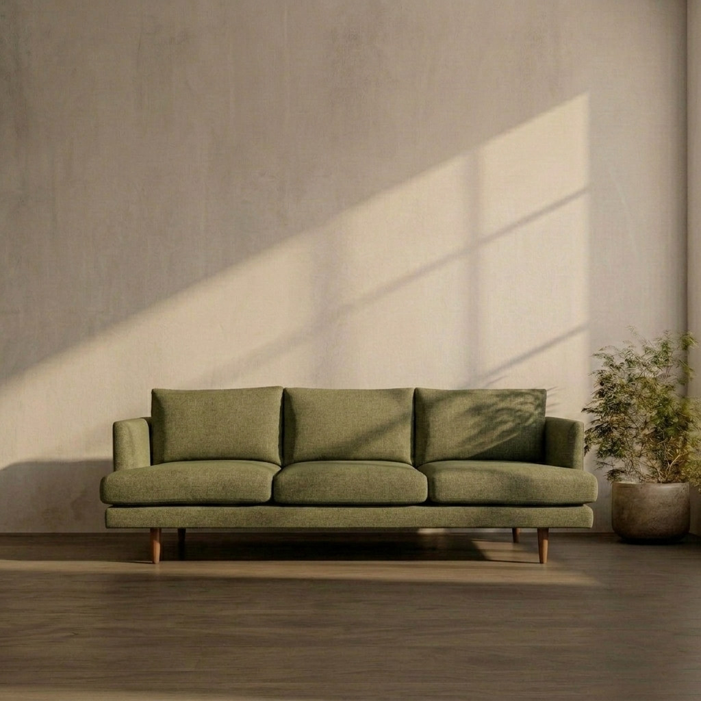 Green sofa in a room with a textured wall and plant