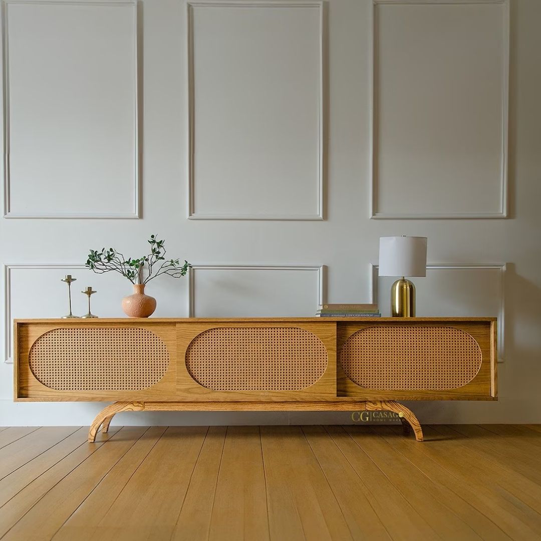 Mid-Century Modern TV Console with sliding cane doors and Golden Oak finish, handcrafted by CasaGold