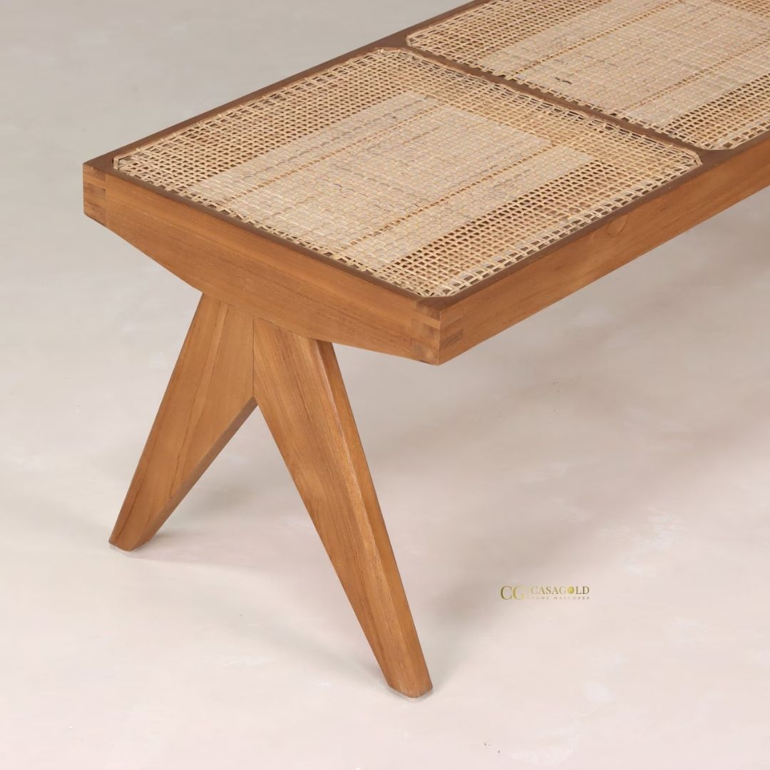 Mid-century modern rattan bench with teak wood frame