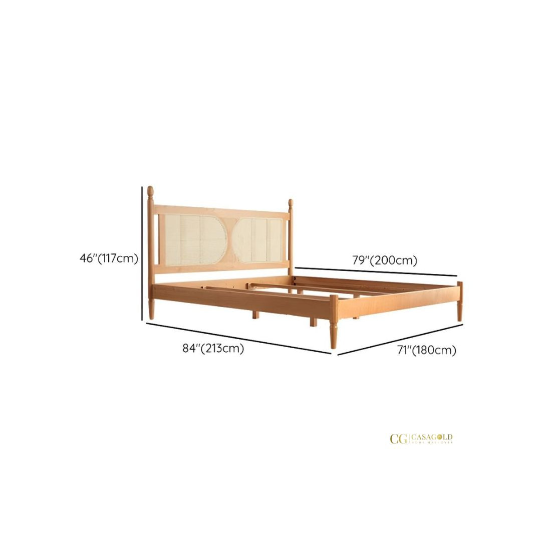 Mid-century inspired wooden bed with rattan headboard