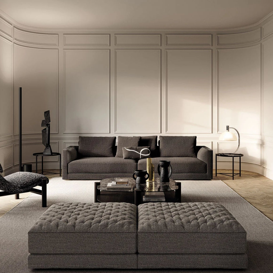 Modern grey three-seater sofa with low arms and deep cushions – customisable to a two-seater