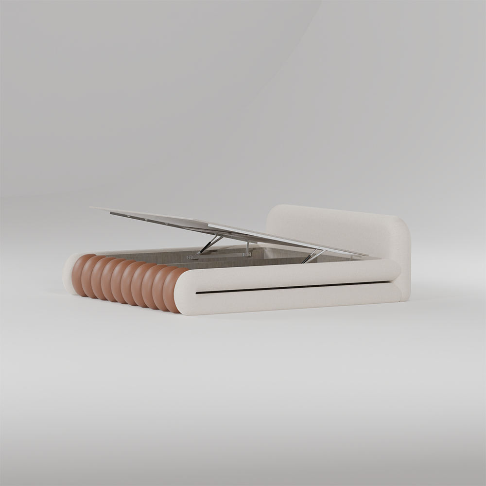 Milo designer bed with caramel padded footboard and neutral upholstered frame