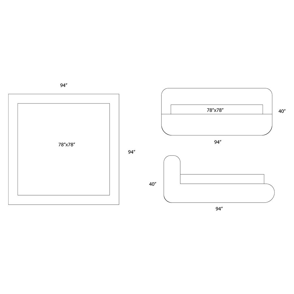 A simple black-and-white line drawing showing dimensions for a square frame or panel, with a smaller inset labeled 78"x78" inside a 94" square, plus a side profile labeled 94" and 40".