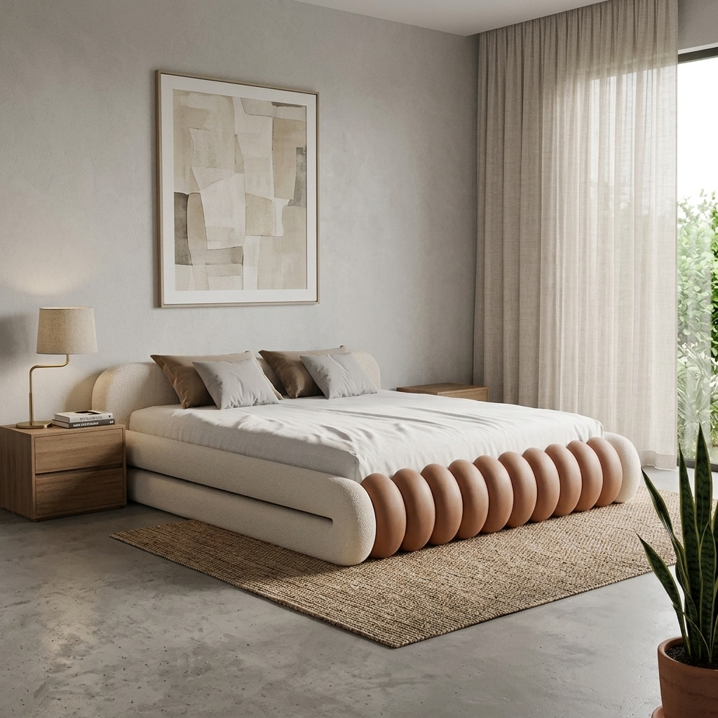 Milo contemporary upholstered bed with curved headboard and sculptural footboard