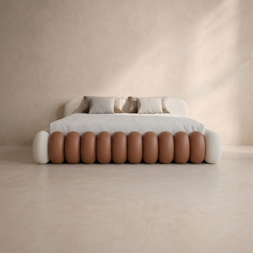 Discover the Milo Upholstered Bed by CasaGold, featuring a sculptural rounded footboard, plush upholstery and contemporary curves. Custom sizes and fabrics available.