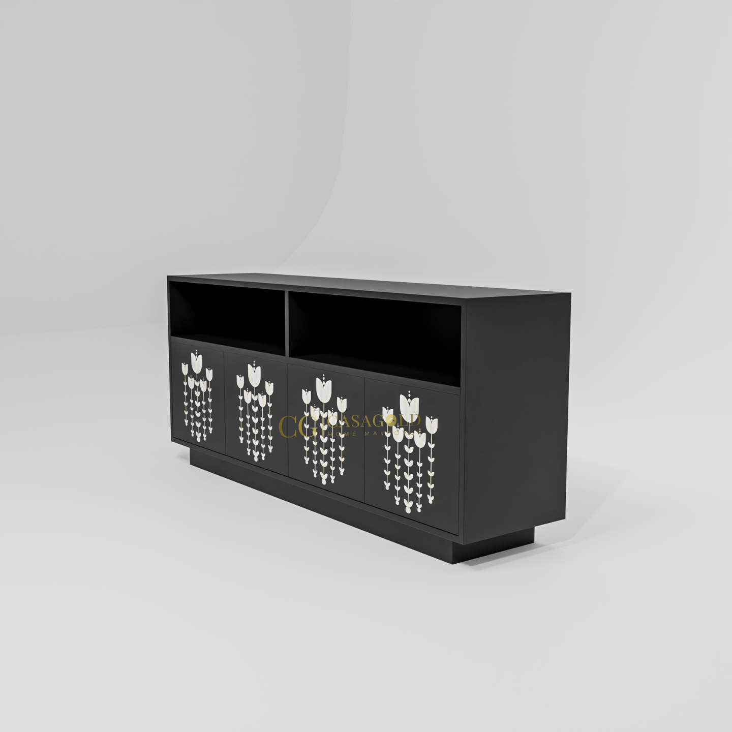 A sleek black media unit with a geometric white floral design on its four lower cabinet doors.