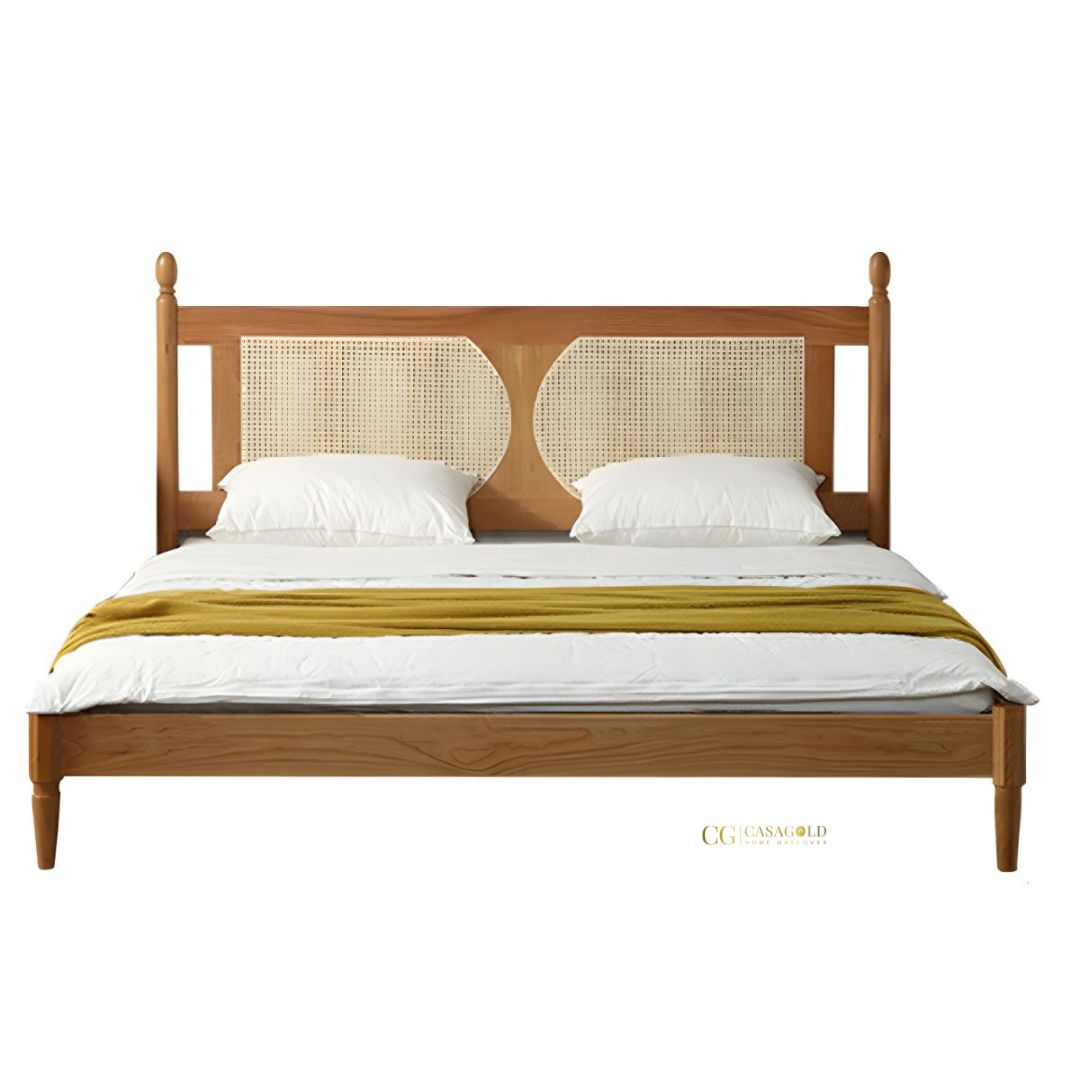 Handcrafted rattan and rubber wood bed with customiSable options and natural modern design.
