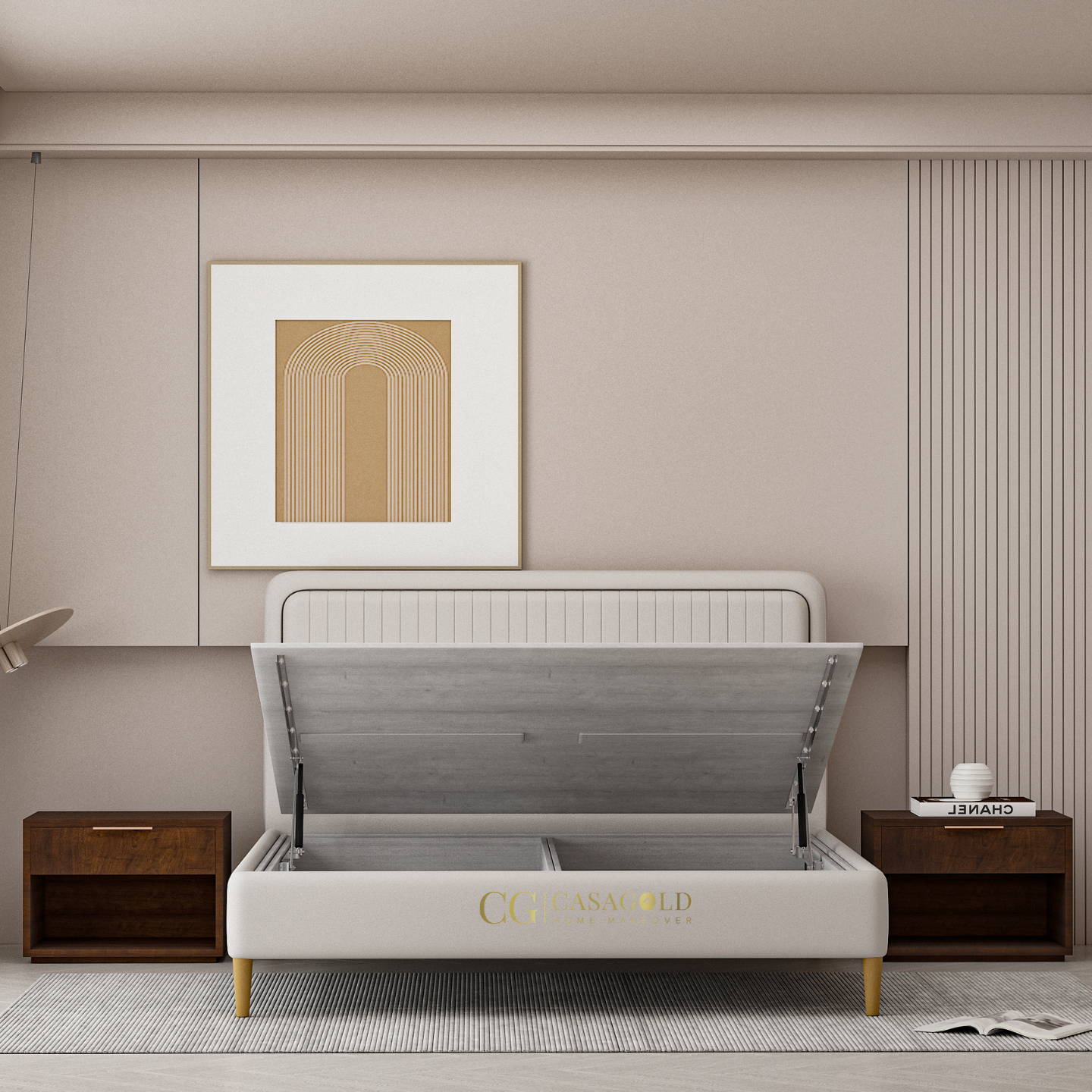 A sleek white hydraulic bed featuring a headboard and dual lift-up storage compartments, set in a minimalist bedroom 