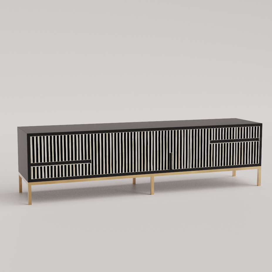 "Minimalist black media unit with a glossy finish for a modern and polished look"
