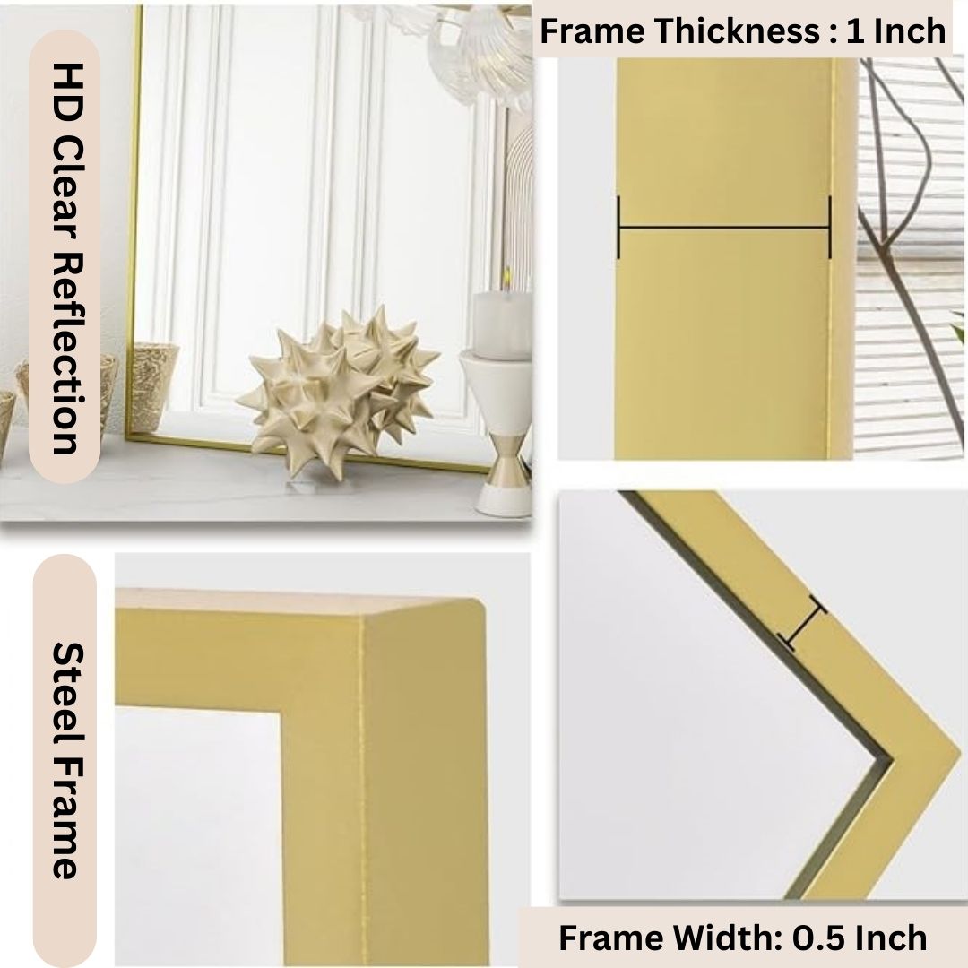 Minimalist gold finish rectangle steel frame glass mirror for chic interiors