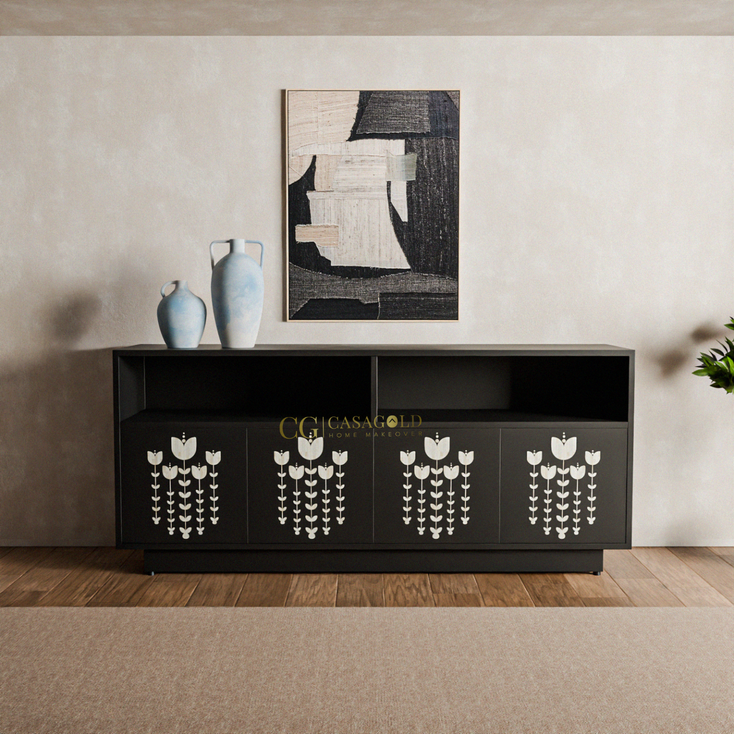 A modern black credenza or media console with two open shelves on top and four cabinet doors below.