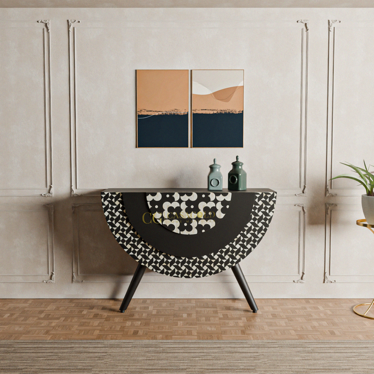  A unique, half-moon shaped console table with a black and white geometric pattern. The top is solid black