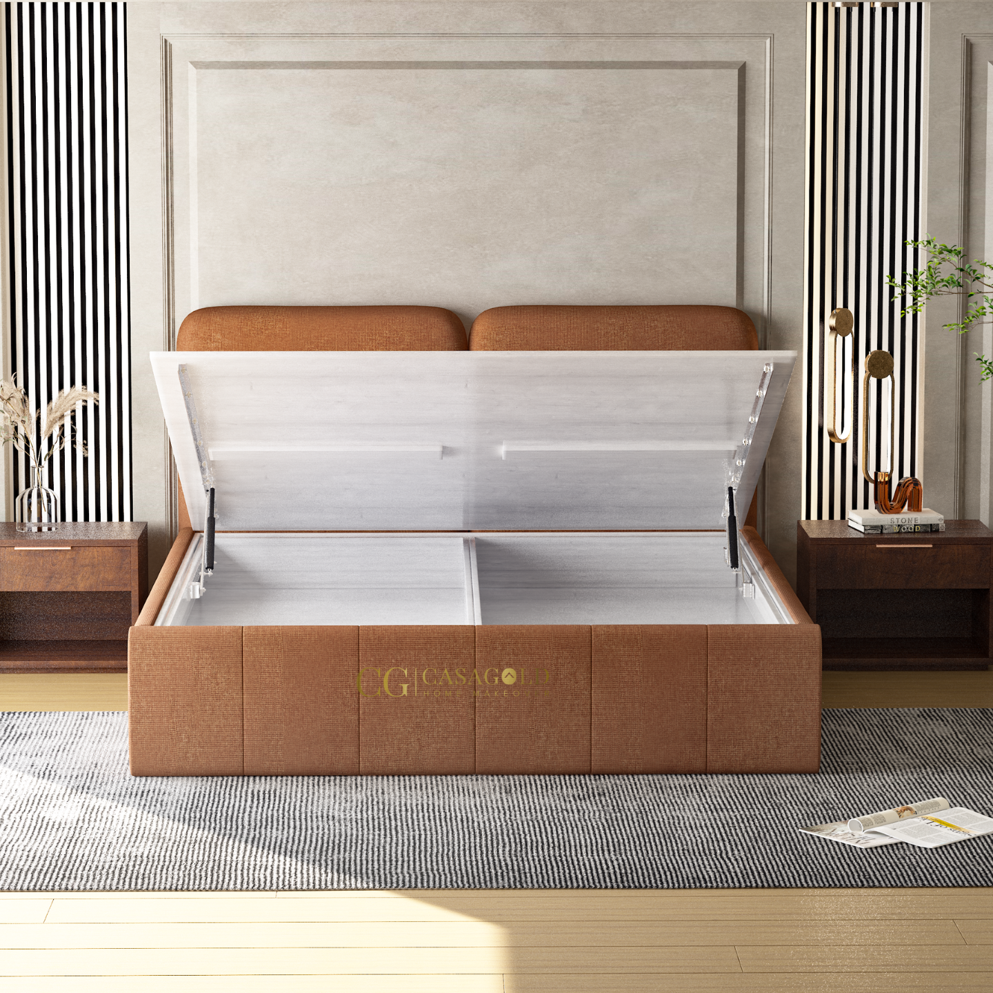 A stylish wooden bed with dual hydraulic lift-up storage compartments in a contemporary bedroom setting with vertical wall panels