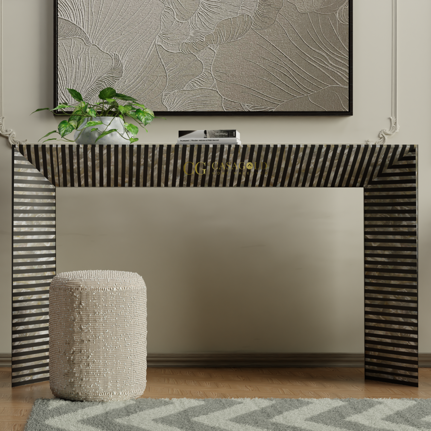 Stylish interior featuring a geometric patterned console, textured wall art, and a zigzag rug.
