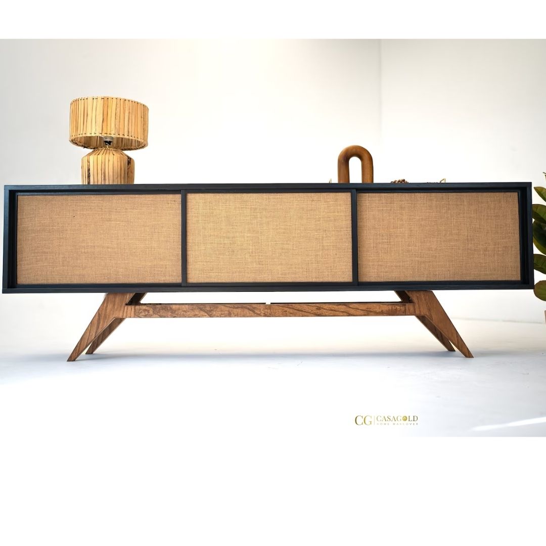 Contemporary sideboard featuring rattan and rubberwood design