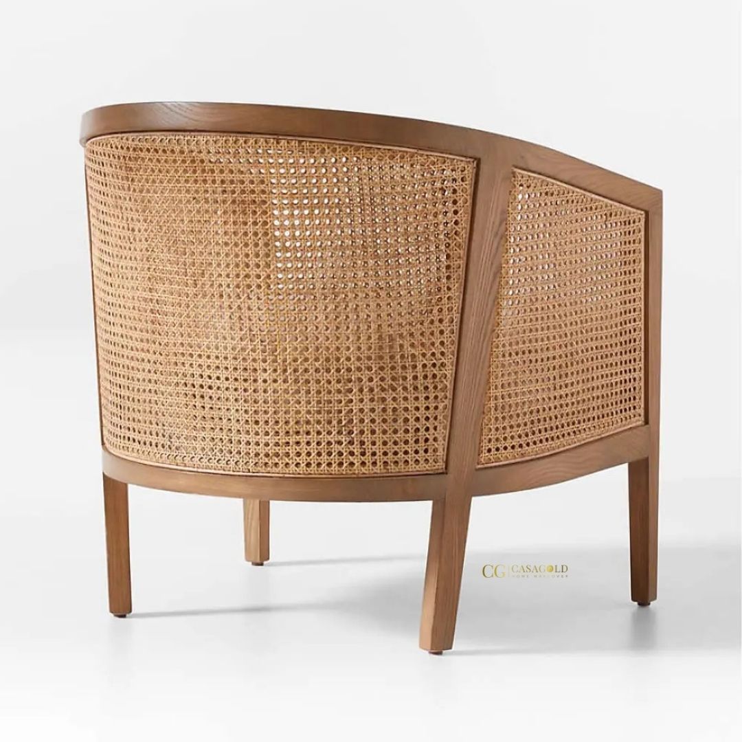 Modern rattan chair with cushioned seat and sturdy wooden frame