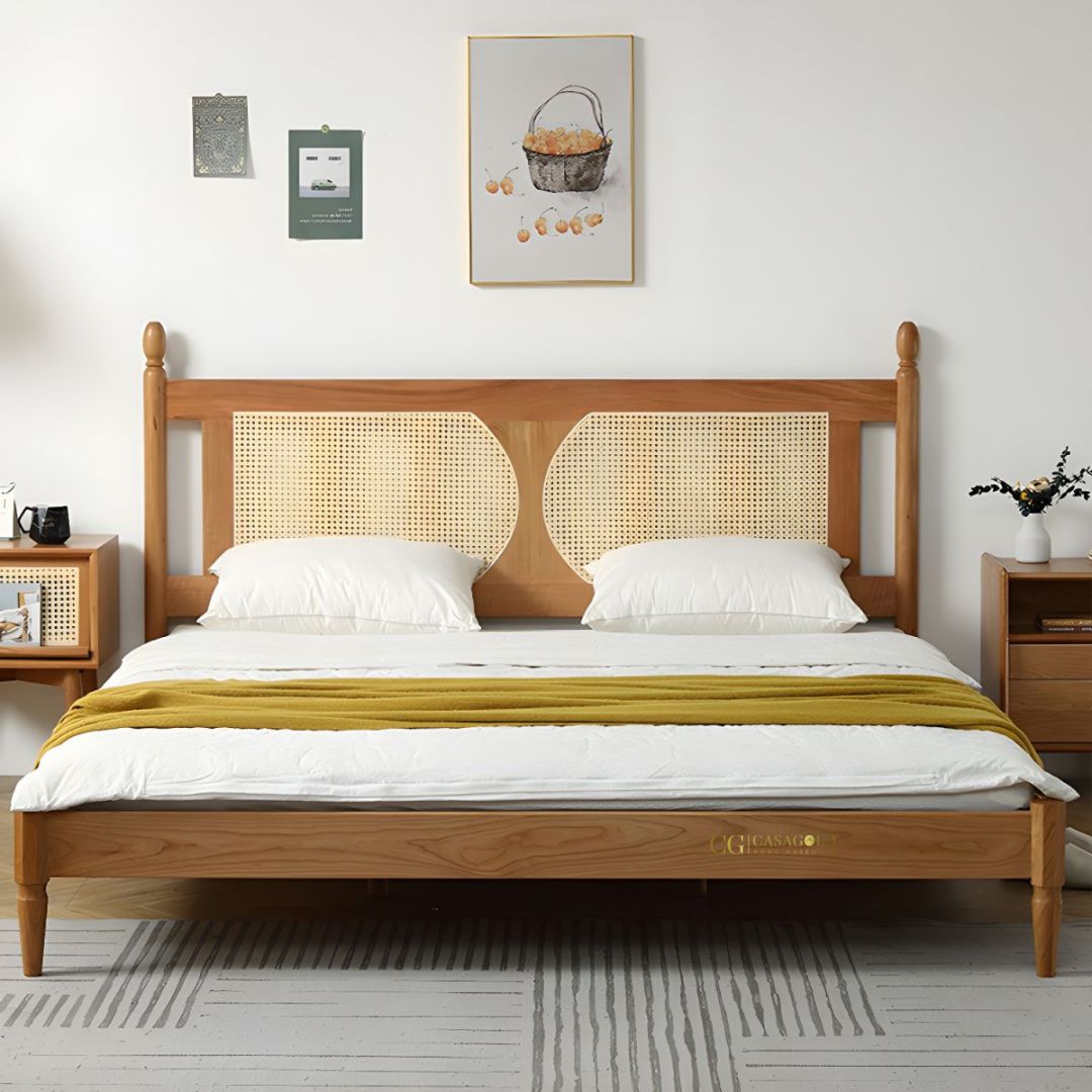 Rattan headboard bed with sturdy wood base for bedroom