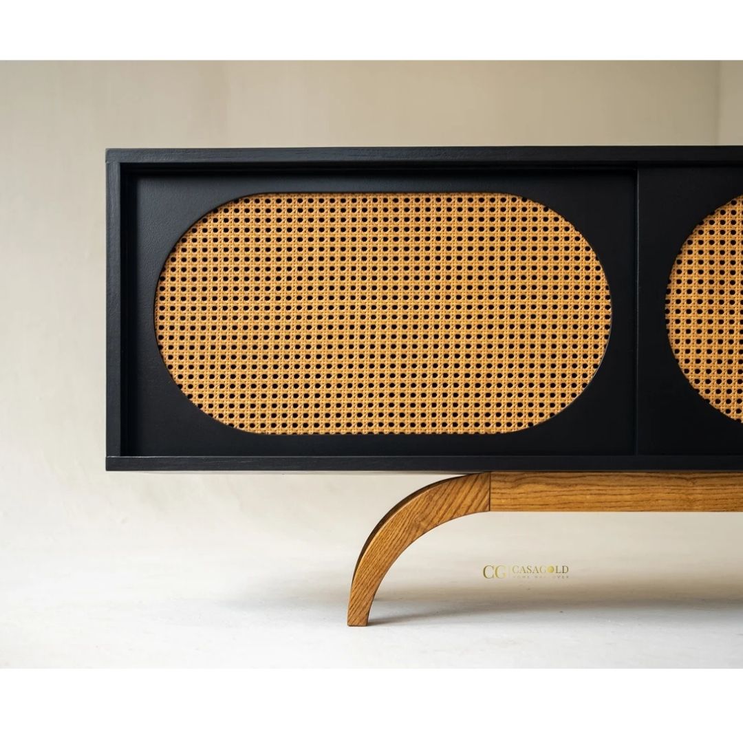 Luxury media console with woven rattan and rubberwood, perfect for modern interiors