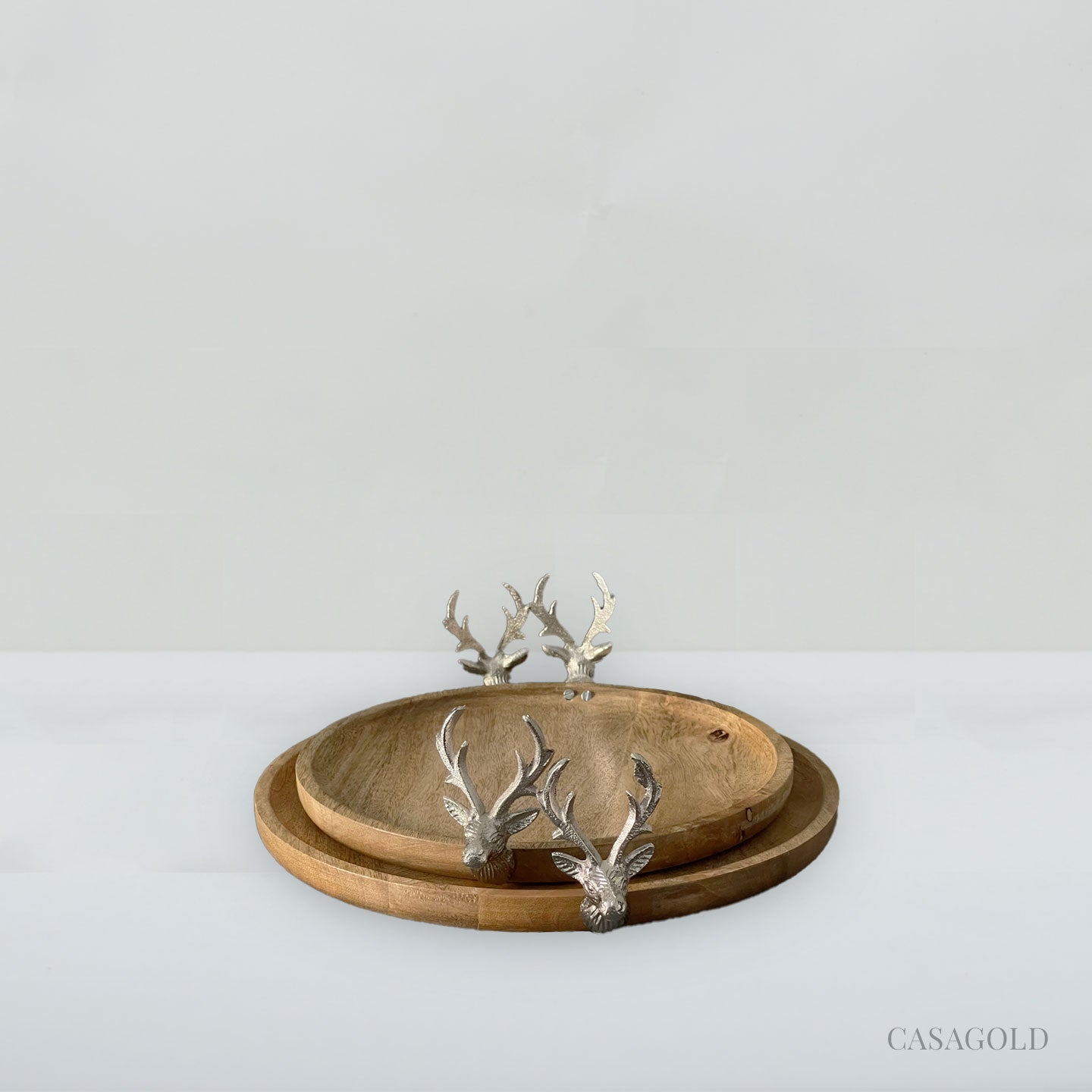 Stylish wooden tray with modern stag accents
