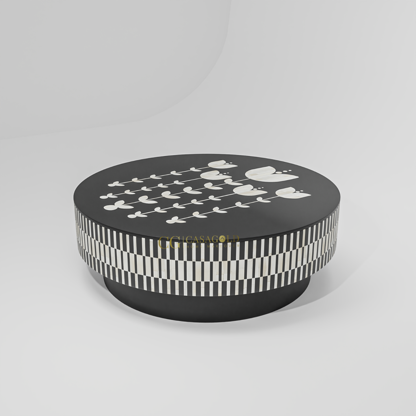 A modern, low-profile black table with a dual pattern. The top is a solid black surface with a stylized white and off-white tulip motif