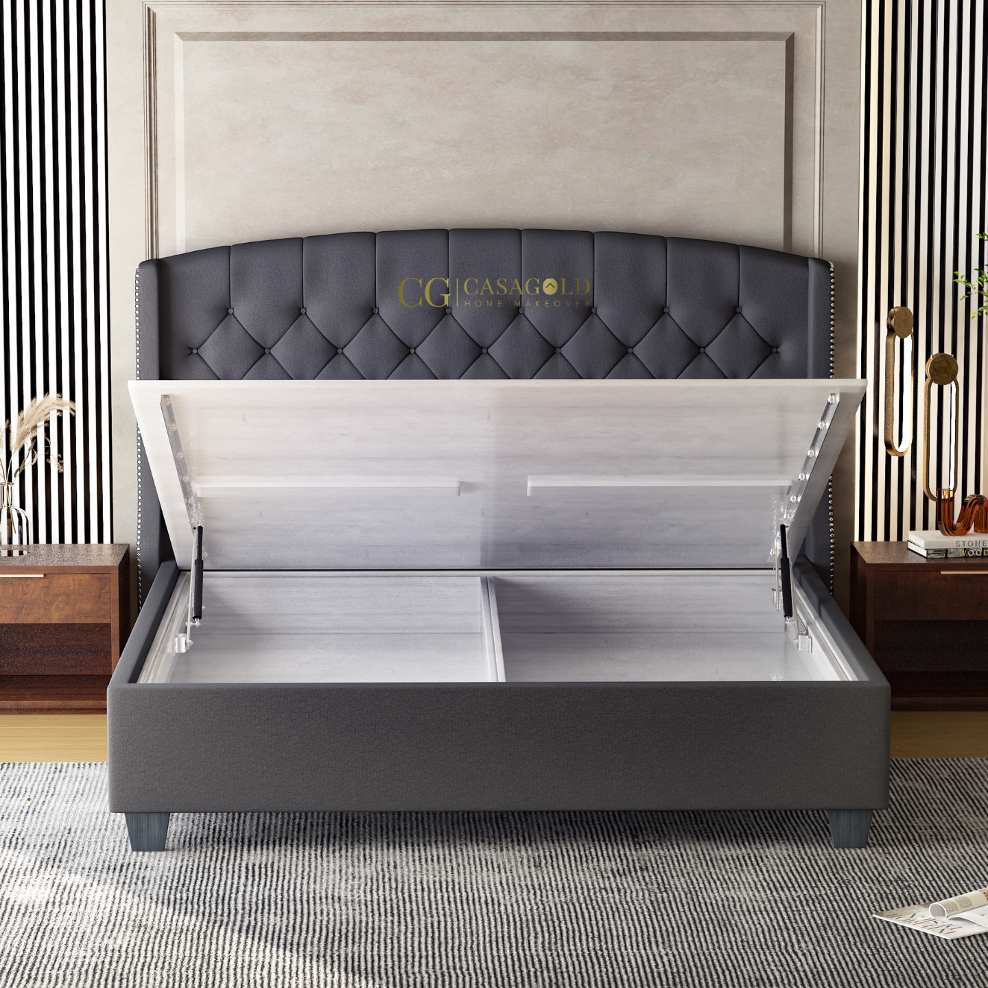 Elegant dark grey upholstered bed with a tufted headboard and open hydraulic lift storage compartment, styled in a contemporary bedroom