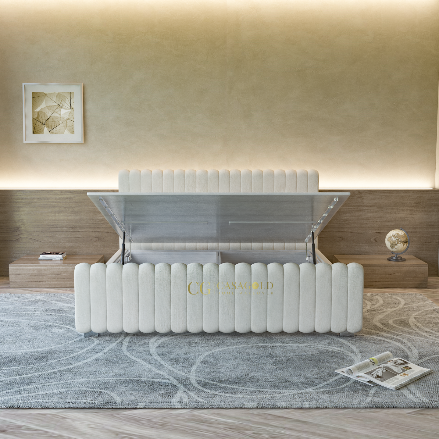 A contemporary bed featuring vertically padded upholstery and a hydraulic lift-up mechanism