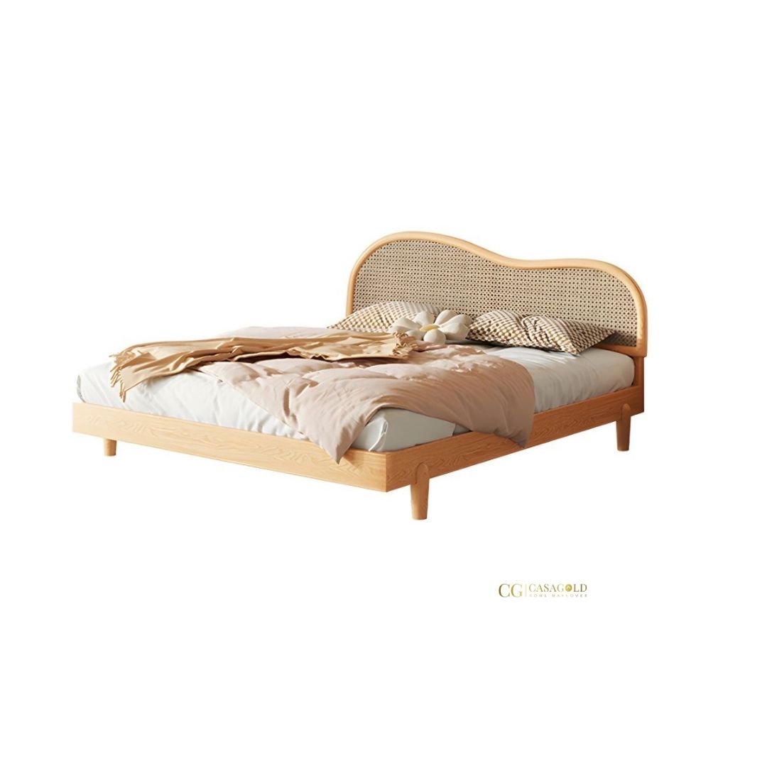 Modern rattan bed with wooden frame and curved headboard