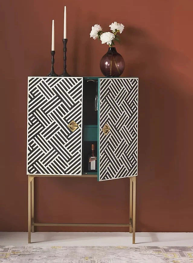 Modern chevron inlay storage cabinet bar unit