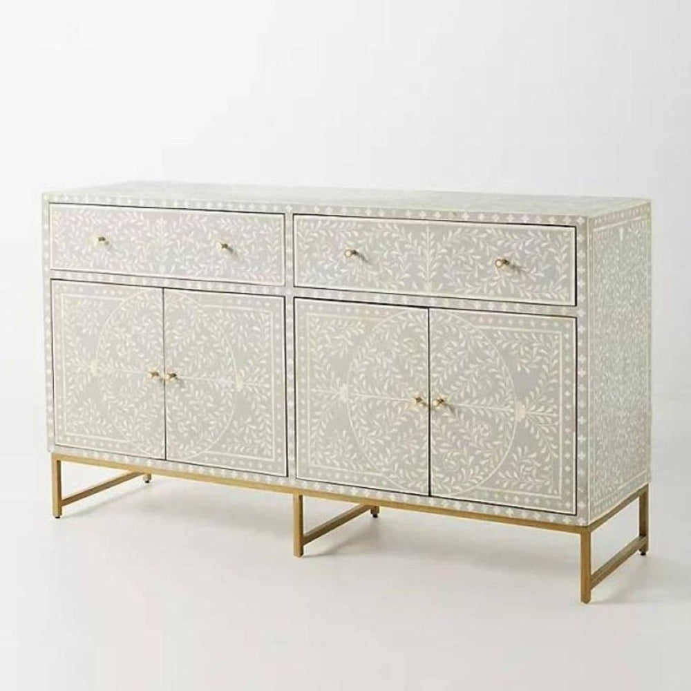 Monochrome diamond-pattern inlay sideboard for sleek interiors.
