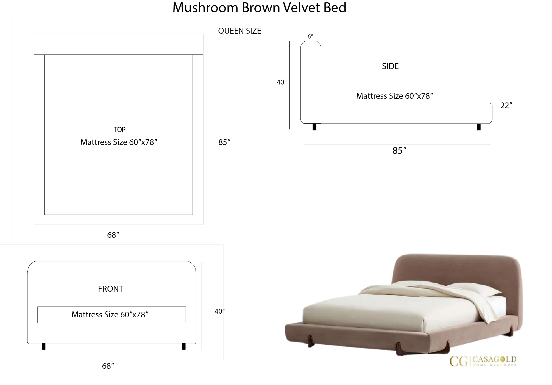 Mushroom Brown Velvet Bed