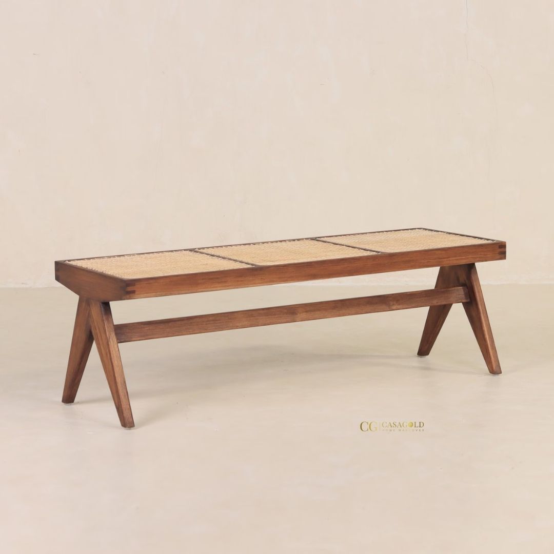 Natural teak wood bench with square rattan weave