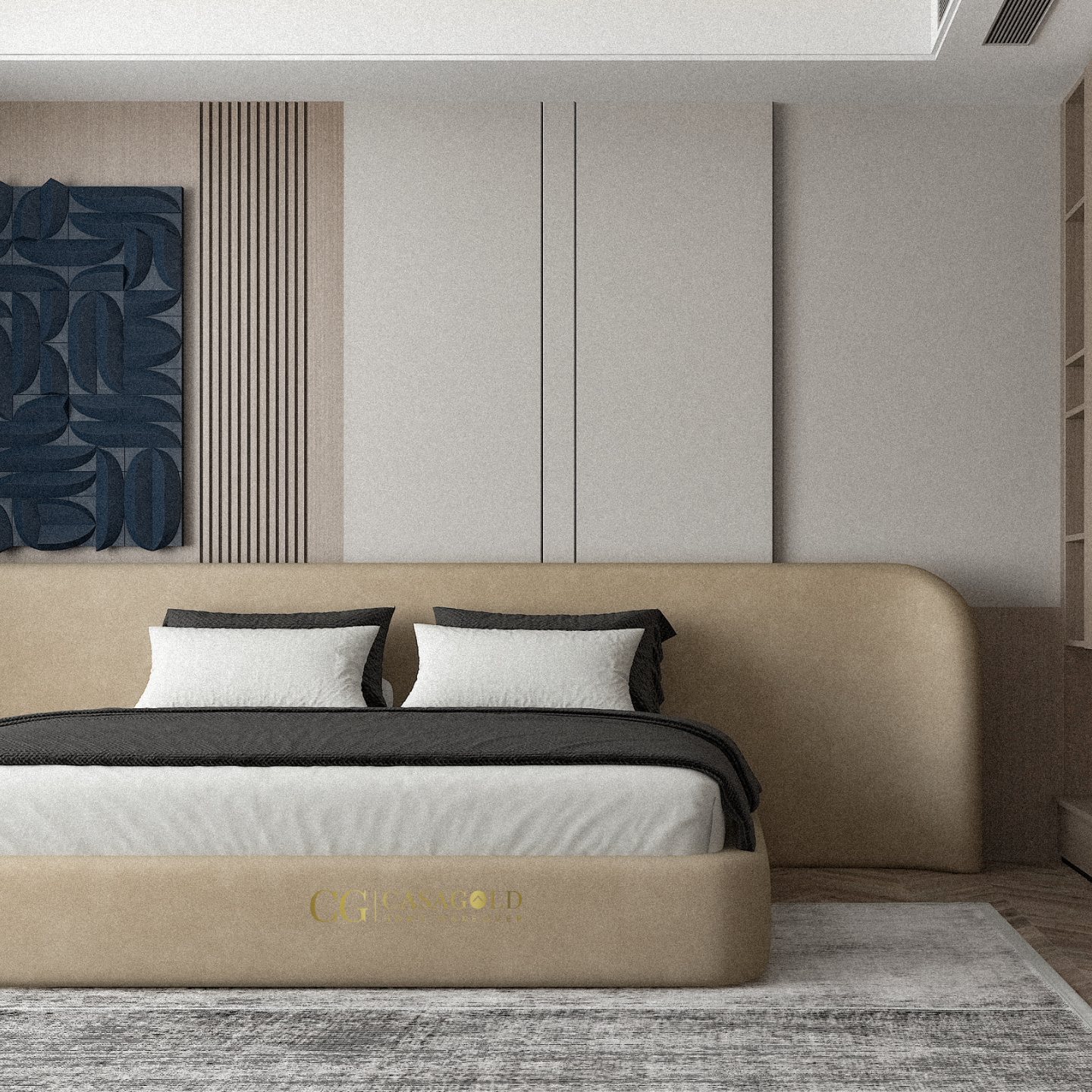 Elegant beige and grey bedroom with navy wall panel and wooden floor
