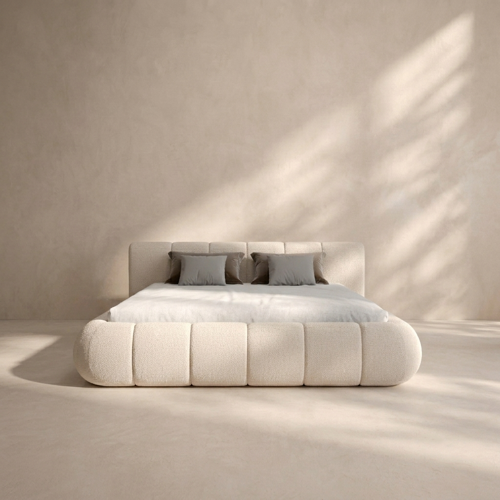 A minimalist platform bed with a textured cream boucle headboard and footboard, styled with white bedding and two gray pillows, set against a matching cream textured wall with soft window shadow patterns.