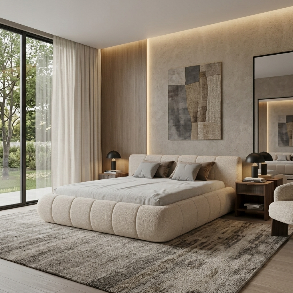 A modern bedroom featuring a low, tufted platform bed in textured cream upholstery, styled with neutral-toned bedding and pillows. The bed is set on a large, plush gray and beige patterned area rug.