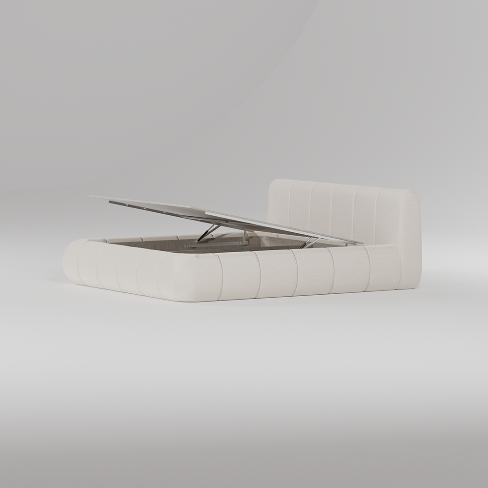A modern white upholstered storage bed with a lift-up gas-lifted headboard, shown in a clean studio setting with the bed base open to reveal the interior.