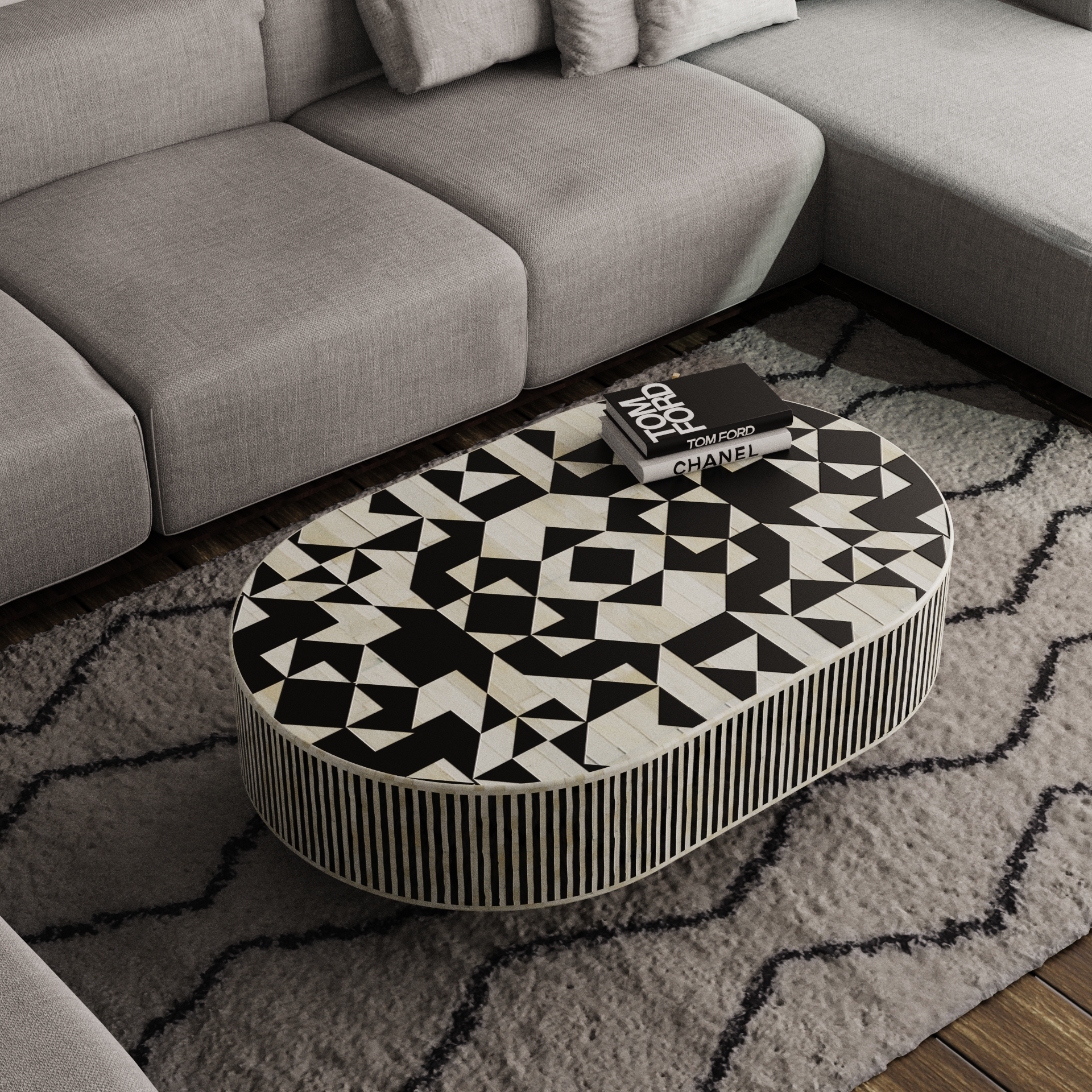 Oblong Coffee Table with Bone Inlay Detailing
