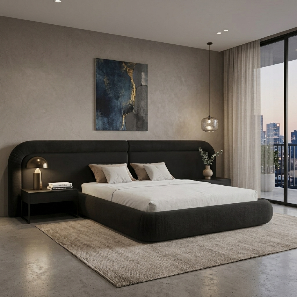 A modern bedroom featuring a low-profile platform bed with a dark upholstered headboard and footboard, styled with white bedding and neutral pillows. The bed is flanked by matching dark bedside tables with gold lamps, set on a textured beige rug against a textured gray wall with a piece of abstract wall art.