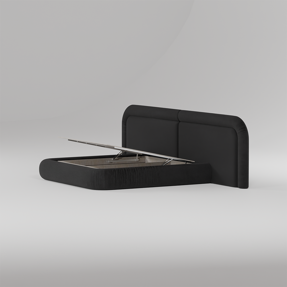 A modern black upholstered storage bed with a low platform base and a tall, rounded headboard, shown with the bed frame lifted open to reveal the metal support mechanism underneath, set against a clean light gray studio background.