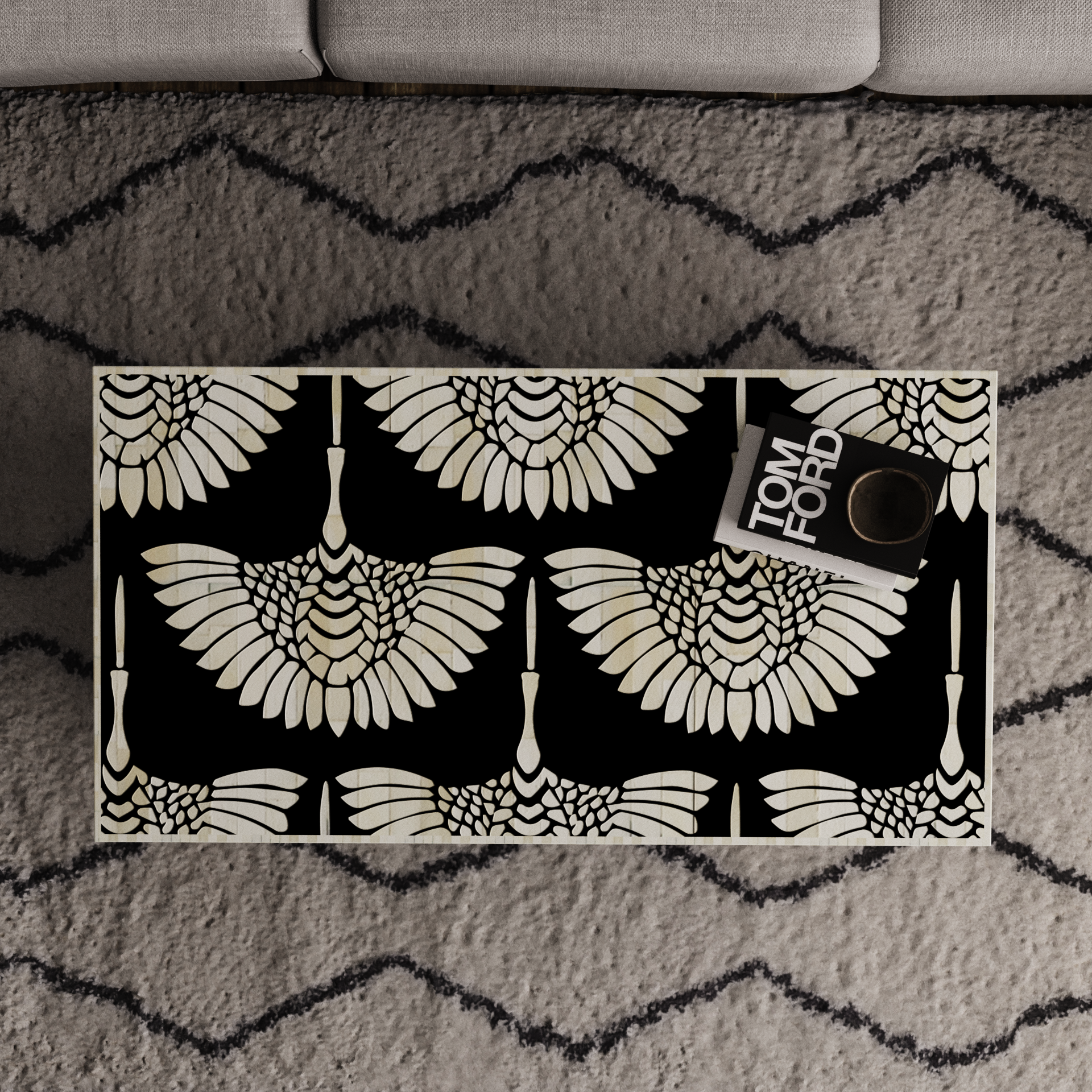 "Phoenix bone inlay rectangular coffee table with artistic flair"