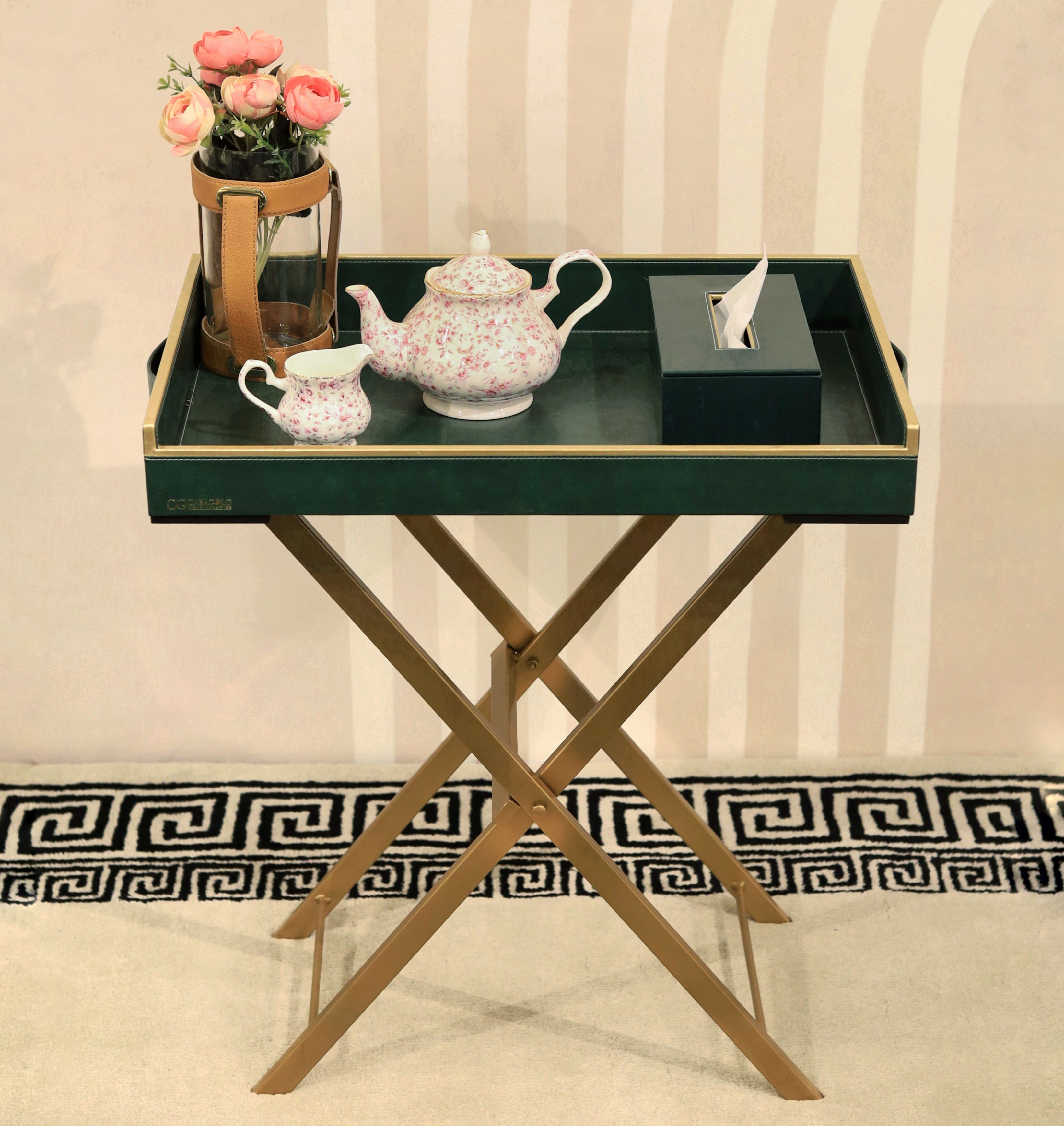 Convenient butler tray with detachable top for serving.