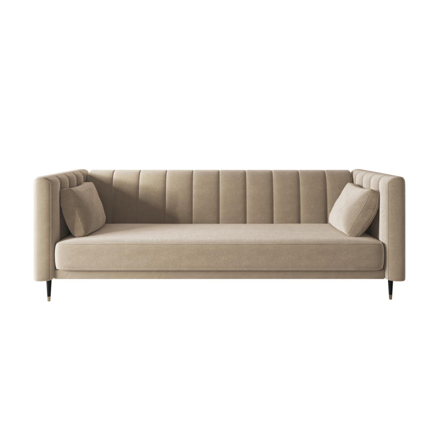 Luxury 3-seater sofa in warm neutral fabric with vertical channel tufting, ideal for modern living rooms.