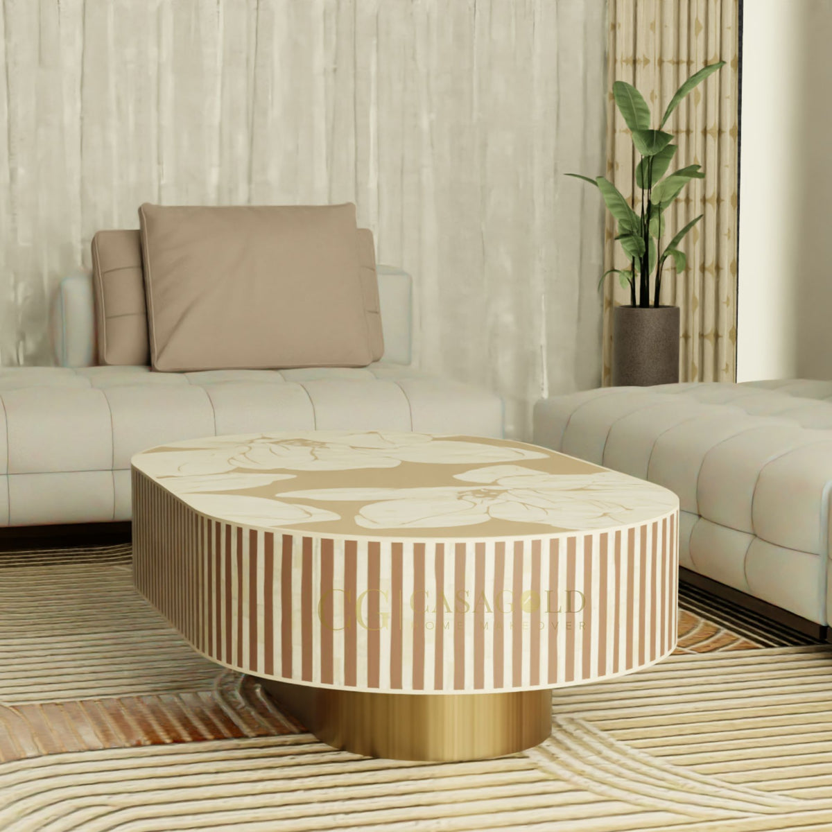 Inlay Jordan Oval Shape Coffee Table - Hibiscus